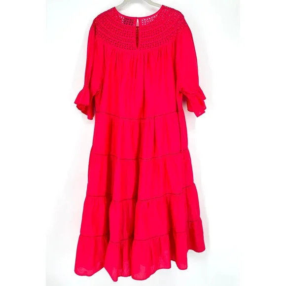Merlette NY Paradis Eyelet Tiered Midi Dress Sz XXL Pink 100% Cotton Puff Sleeve